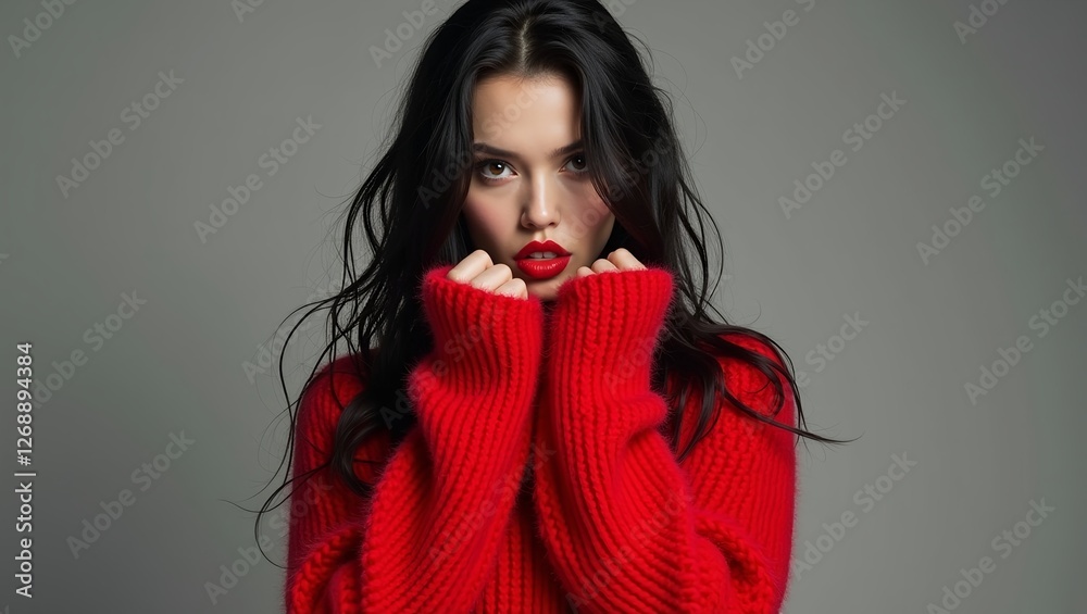 monochrome image of a woman with long wet and slightly disheveled black hair. wearing a bright red knitted fluffy sweater red lips confident and open pose monochrome image of a woman with long wet and slightly disheveled black hair. wearing a bright red knitted fluffy sweater red lips confident and open pose
