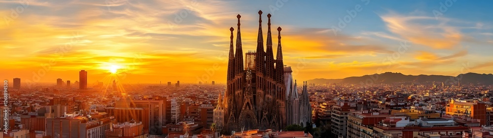 Obraz premium Breathtaking sunset view over the iconic and magnificent Sagrada Familia cathedral a famous landmark of Barcelona Spain