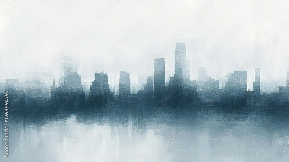 Soft abstract silhouette of a city skyline blending into fog with reflection in serene waters at dawn Soft abstract silhouette of a city skyline blending into fog with reflection in serene waters at dawn