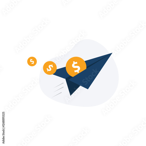 Paper Plane with Coin Vector Illustration. Send Money Concept Design