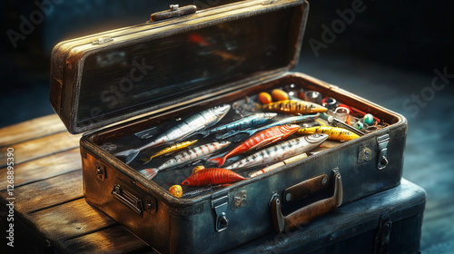 Open metal tackle box filled with fishing accessories,  lures and gear 