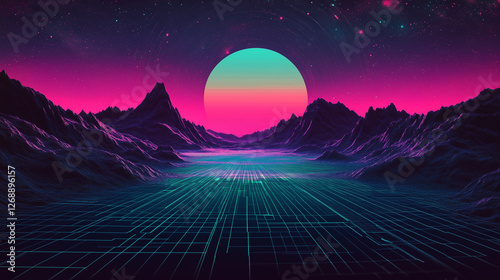Futuristic glitch abstract  Synthwave Sunset 
 background with digital noise, 60s 70s vintage theme – perfect for cyberpunk themes, tech branding, and vaporwave aesthetics