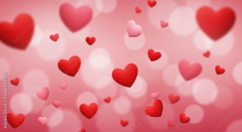 A dreamy romantic scene filled with red and pink heart shapes floating against a blurred soft pink background A dreamy romantic scene filled with red and pink heart shapes floating against a blurred soft pink background