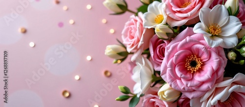 Pink and white floral arrangement on a light pink background with small gold dots, with copy space on the left.