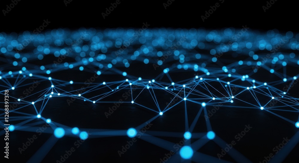 Obraz premium A futuristic network visualization with glowing blue nodes connected by thin light lines symbolizing connectivity