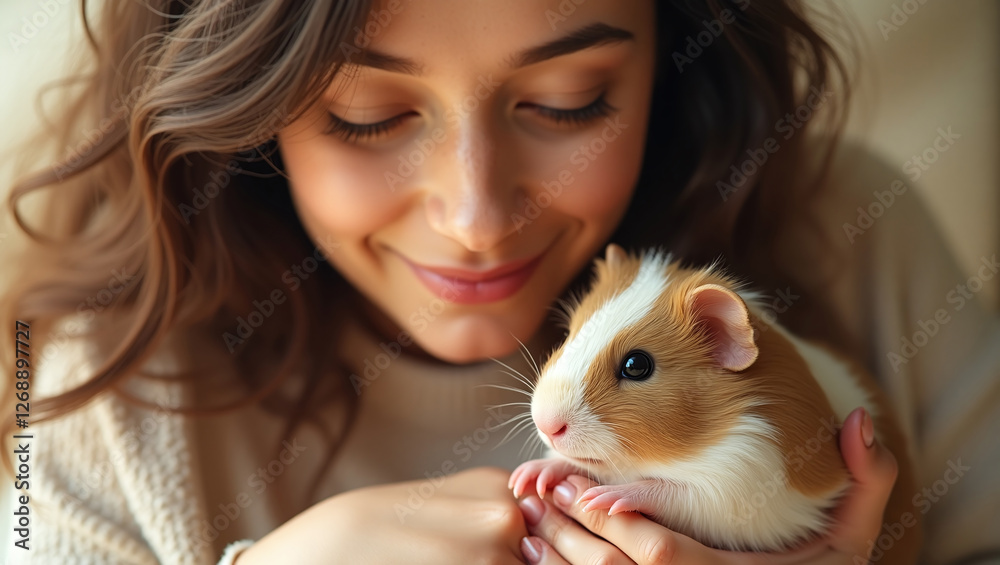 Pet owner with guinea pig, cuddling and cradling, young woman, affectionate bond with domestic animal Pet owner with guinea pig, cuddling and cradling, young woman, affectionate bond with domestic animal