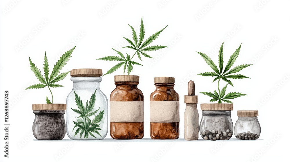 Fototapeta premium A variety of jars and bottles filled with cannabis leaves, showcasing herbal beauty and natural remedies with a clean, minimalist design.