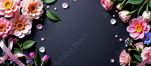 Pink and peach flowers arranged on opposite corners of a dark background, with scattered petals, pearls, and a pink ribbon, leaving a large blank space in the center.