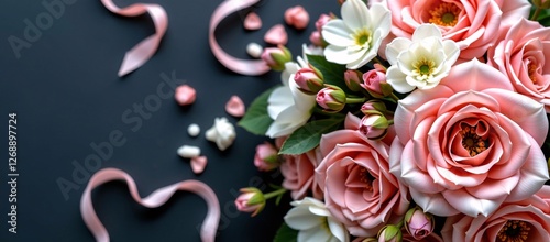 Pink and white floral arrangement with roses and other flowers on a dark background, adorned with a pink ribbon and scattered petals and pearls, with copy space on the left.