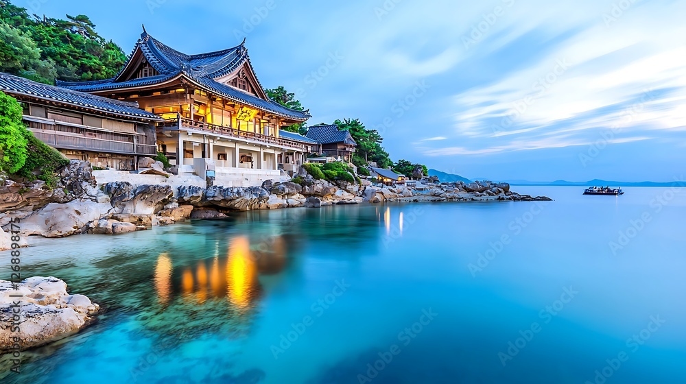 Fototapeta premium Tranquil Seaside Retreat with Traditional Architecture at Dusk