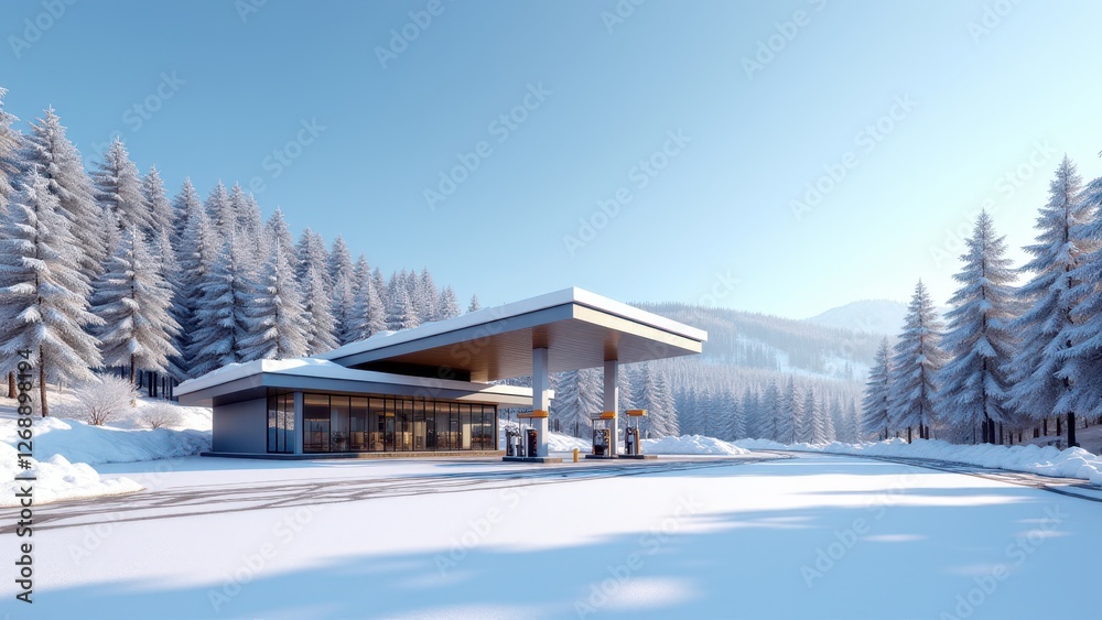 Gas station in snow, Modern station in snowy forest with clear skies. Gas station in snow, Modern station in snowy forest with clear skies.