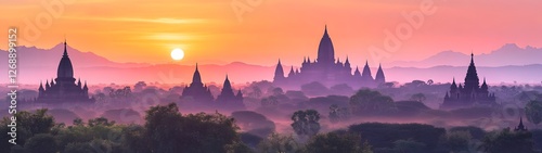 Breathtaking view of the ancient Buddhist temples and pagodas of Bagan Myanmar during a serene misty sunrise