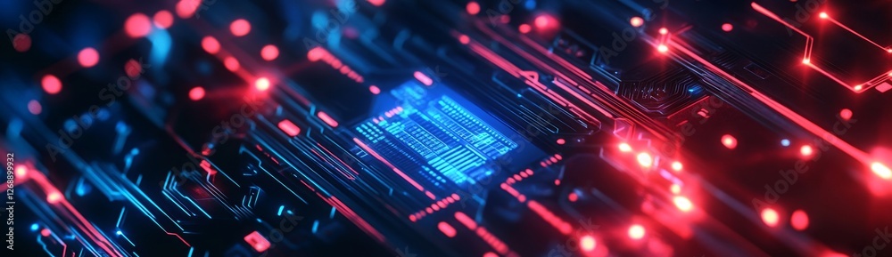 Glowing Circuit Board Data streams flow across a central processor, red and blue lights illuminate the technology, perfect for tech or AI projects Glowing Circuit Board Data streams flow across a central processor, red and blue lights illuminate the technology, perfect for tech or AI projects