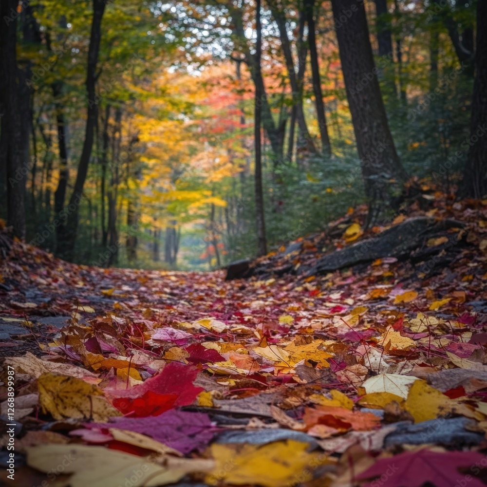 A tranquil forest path adorned with vibrant autumn leaves, inviting exploration and reflection in nature's beauty. A tranquil forest path adorned with vibrant autumn leaves, inviting exploration and reflection in nature's beauty.