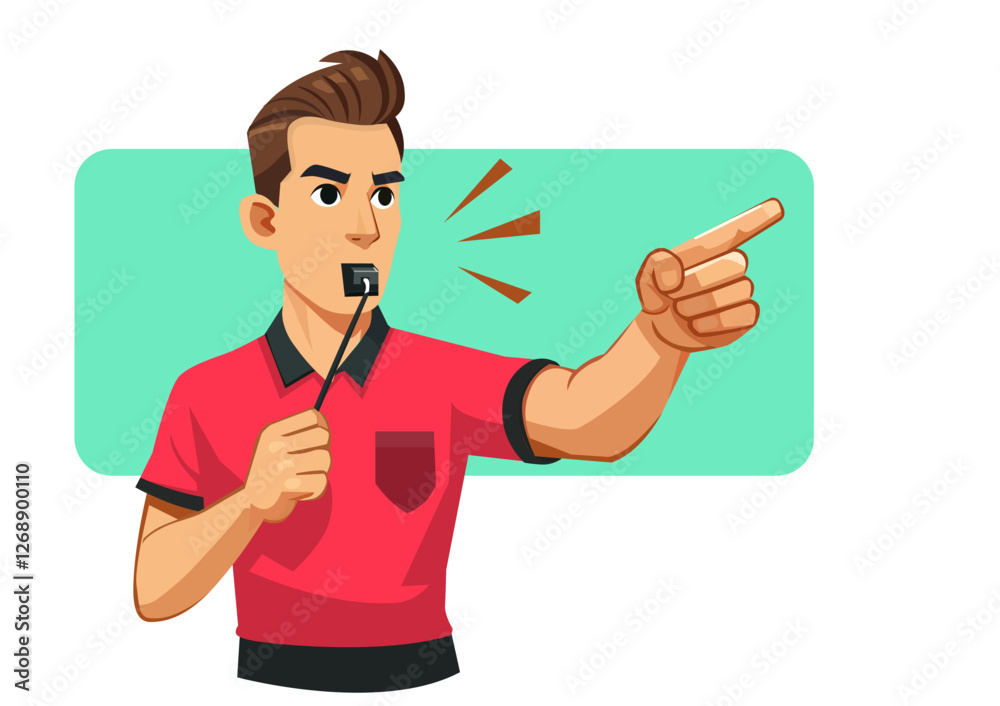 Flat illustration of a football referee blowing a whistle and pointing. Flat illustration of a football referee blowing a whistle and pointing.