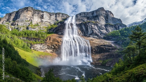 Majestic waterfall cascading down mountain cliffs in Swiss Alps, vibrant green landscape surrounds