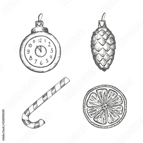Vector set with glass cone and clock, candy cane, orange, mandarin. Christmas tree decorations. Graphics illustration on white background shape. Perfect for New Year composition, wrapping paper, gift