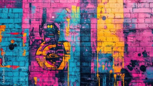 Wallpaper Mural Futuristic Robot and Urban Wildlife Graffiti Art, City Wall, Street Art, Distressed Environment, Vibrant Colors Torontodigital.ca