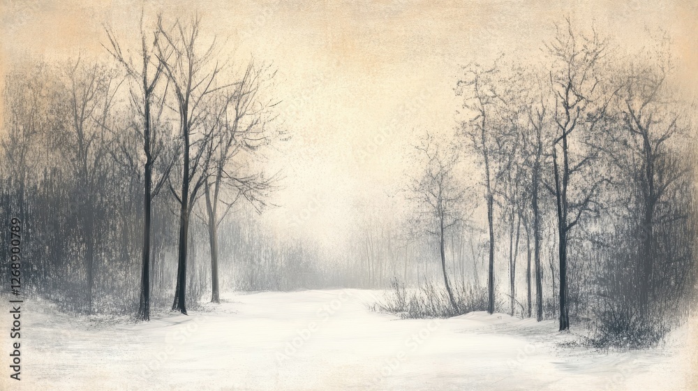 Snowy forest path disappearing into the misty winter landscape Snowy forest path disappearing into the misty winter landscape