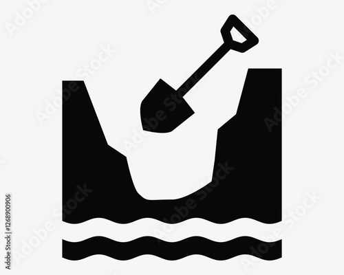 Digging Well Dig Shovel Water Underground Cave Excavate Construction Hole Repair Fix Black White Icon Sign Symbol Graphic Illustration Vector