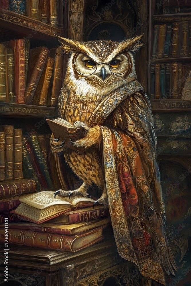 Fototapeta premium Owl wearing glasses reading a book.