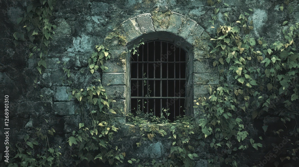 Old barred window in stone wall covered with vines Old barred window in stone wall covered with vines