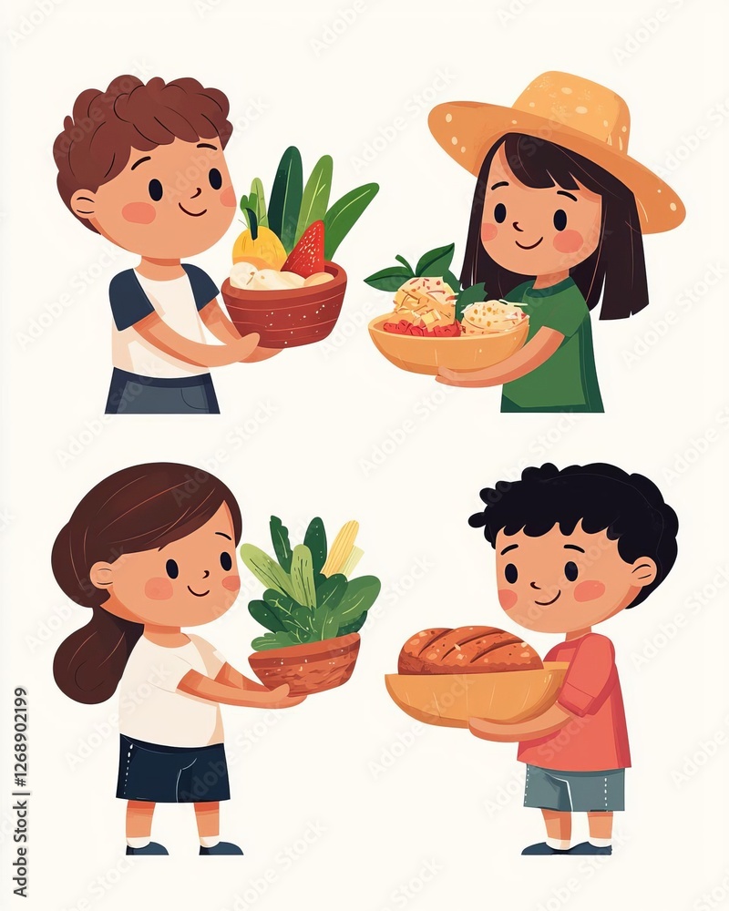 Children joyfully sharing colorful fruits and vegetables in playful illustrations. Children joyfully sharing colorful fruits and vegetables in playful illustrations.