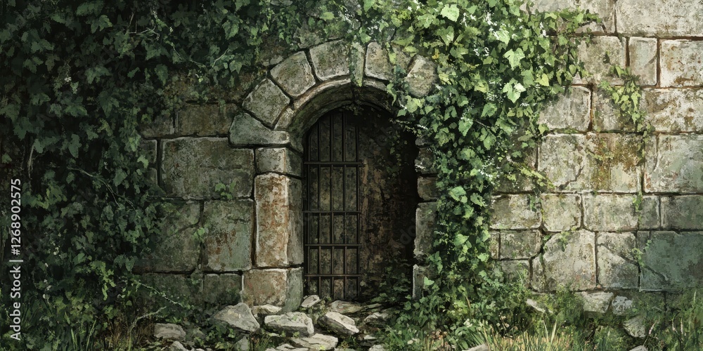 Stone archway with iron gate covered in climbing ivy Stone archway with iron gate covered in climbing ivy