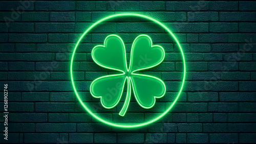 A glowing green four-leaf clover neon sign against a dark brick wall background, symbolizing luck and good fortune, Saint Patrick's Day