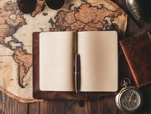 ヴィンテージマップとレザーノートのクラシックな旅の記録 | Classic Travel Journal with Vintage Map and Leather Notebook