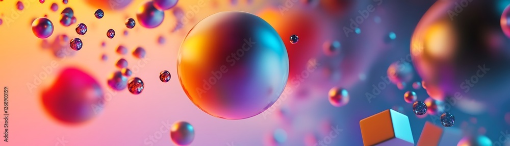 A vibrant, abstract composition featuring colorful spheres and geometric shapes floating in a dynamic environment A vibrant, abstract composition featuring colorful spheres and geometric shapes floating in a dynamic environment