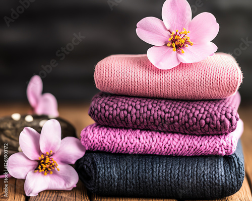 A cozy arrangement of stacked sweaters with flowers.