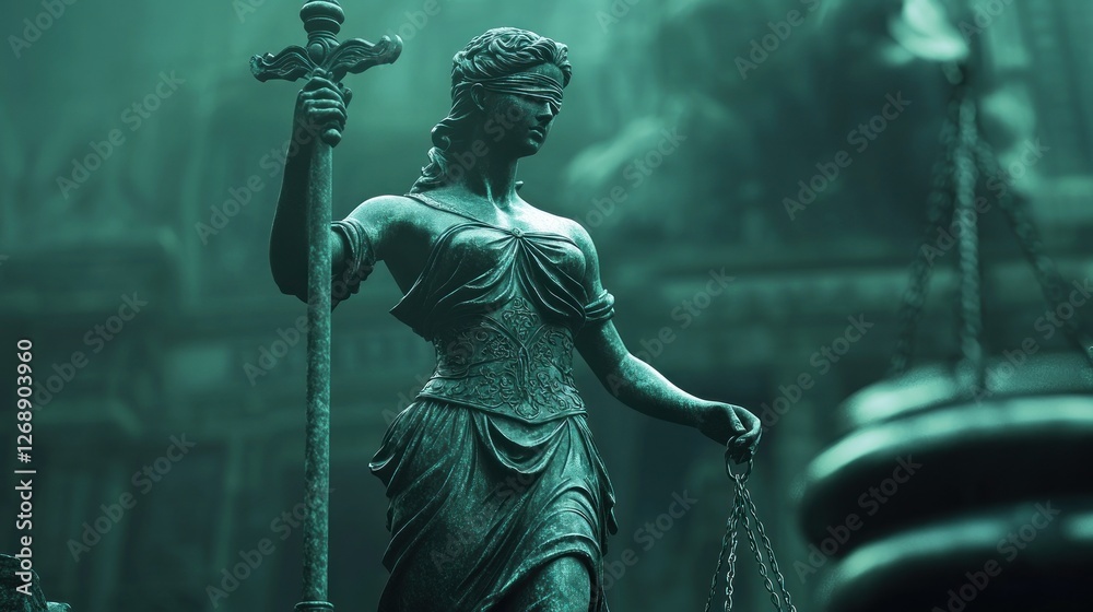 Obraz premium Lady Justice statue, scales, blindfold, courthouse background.