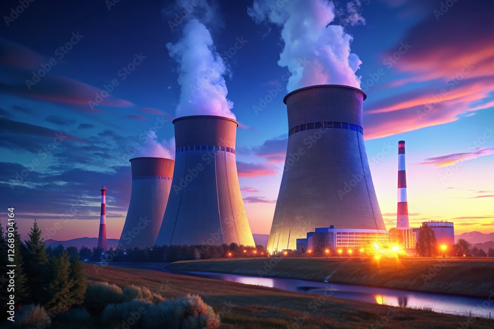 Dusk Serenity: Illuminated Cooling Towers of Nuclear Power Plant Dusk Serenity: Illuminated Cooling Towers of Nuclear Power Plant