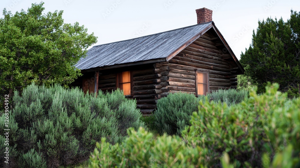 Abandoned House in Countryside Concept, Weathered Wooden Cabin with Sagging Beams Nestled Among Lush Green Shrubs in a Serene Landscape Abandoned House in Countryside Concept, Weathered Wooden Cabin with Sagging Beams Nestled Among Lush Green Shrubs in a Serene Landscape