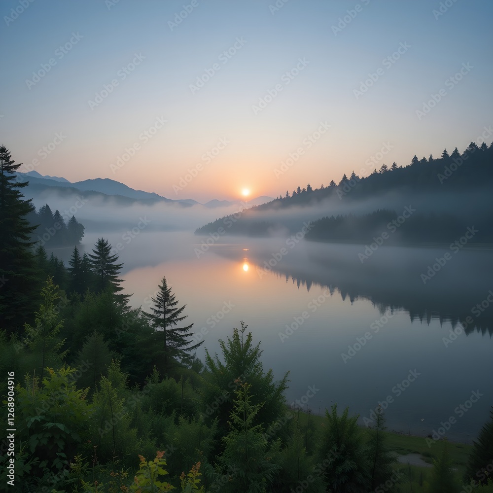 Nice morning scene of Lacu Rosu lake. Foggy summer sunrise in Harghita County, Romania, Europe.