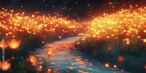 Glowing flowers line the banks of a tranquil river
