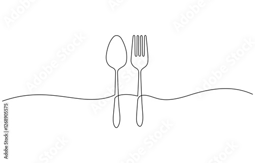Spoon fork place mat one line drawing continuous, Single one line drawing spoon. Tableware concept. Continuous line draw design graphic vector illustration.