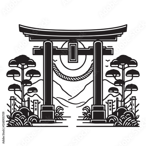Torii Gate Icons – Shinto Japanese Religion Flat Outline Silhouette Set