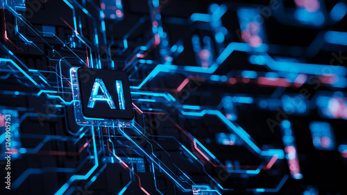 AI concept Artificial Intelligence technology circuit motherboard chip computer design machine deep learning data network analysis futuristic. 3d rendering..