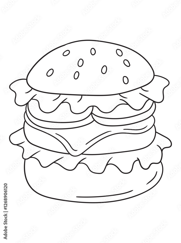 Delicious burger coloring page with a simple outline design. Great for food lovers, kids, and adults. Ideal for printable coloring books and digital artwork Delicious burger coloring page with a simple outline design. Great for food lovers, kids, and adults. Ideal for printable coloring books and digital artwork