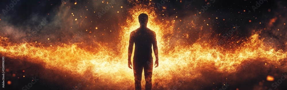 Man surrounded by glowing flames in a mystical environment during night time Man surrounded by glowing flames in a mystical environment during night time