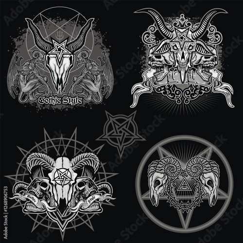 set, gothic sign with skull, grunge vintage design t shirts