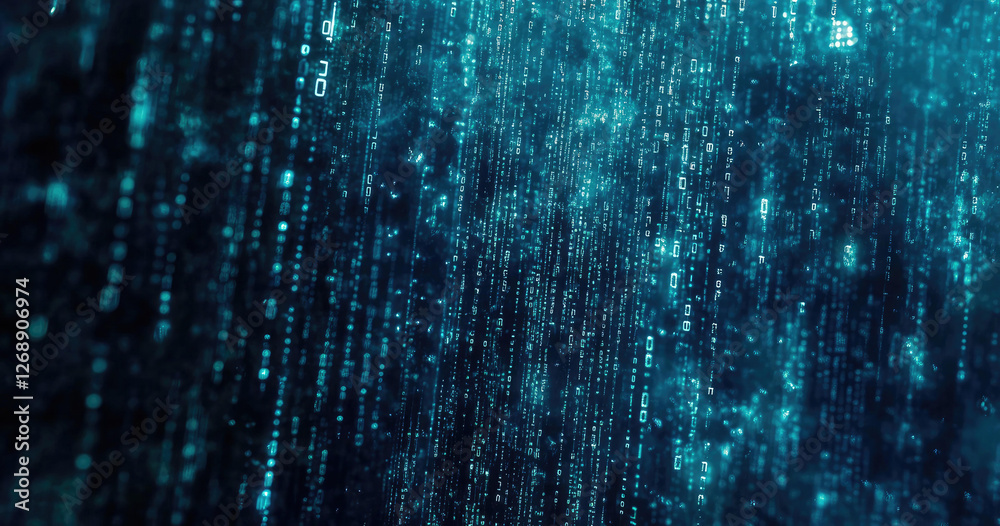 Abstract Digital Rain of Binary Code Data Stream Deep Teal Blue Background Abstract Digital Rain of Binary Code Data Stream Deep Teal Blue Background