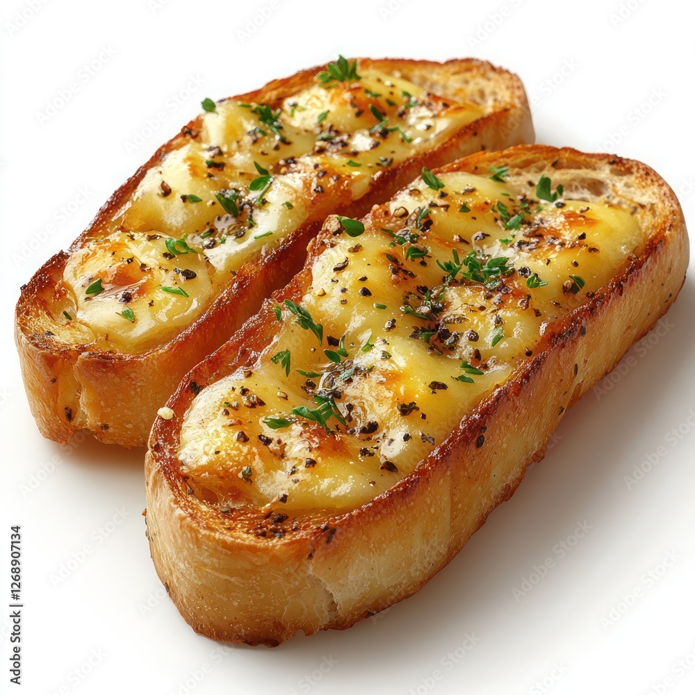 A close-up of crispy garlic bread brushed with herbed butter A close-up of crispy garlic bread brushed with herbed butter