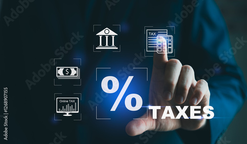 Fotografie Digital Tax Interaction, Finger selecting icons for tax management, banking, finance, and percentage representation