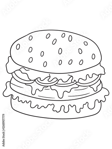 Delicious burger coloring page with a simple outline design. Great for food lovers, kids, and adults. Ideal for printable coloring books and digital artwork