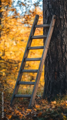 Wooden ladder leans against tree in autumn forest photo