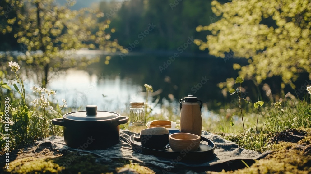 Biodegradable cooking set displayed beside a serene lake on a sunny afternoon for outdoor meal preparation Biodegradable cooking set displayed beside a serene lake on a sunny afternoon for outdoor meal preparation