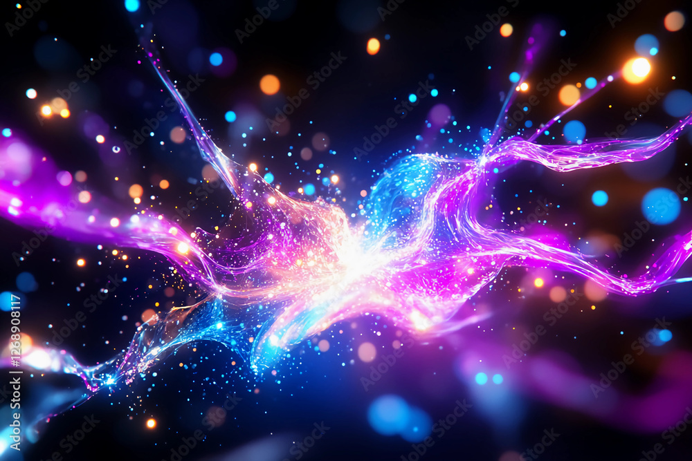 Obraz premium Fractal Nano Fusions - Nano fractals merging and splitting apart with brilliant radiance in electric blues and purples, glowing with delicate white lines mimicking microscopic fusion